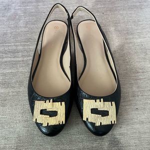 Trina Turk St. Helena Black Leather Gold Hardware Slingback Flat Size 7